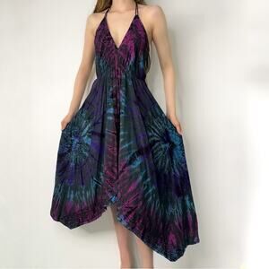 Y2K Tie Dye Halter Midi Dress Embroidery Fairycore Handkerchief Hem Med-Large
